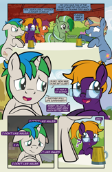 Size: 1920x2948 | Tagged: safe, artist:alexdti, oc, oc only, oc:brainstorm (alexdti), oc:purple creativity, oc:screwpine caprice, oc:star logic, oc:vee, pegasus, pony, unicorn, comic:quest for friendship retold, ascot, comic, cup, female, floppy ears, glasses, horn, male, mare, open mouth, pegasus oc, smiling, speech bubble, stallion, unicorn oc