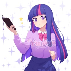 Size: 2000x2000 | Tagged: safe, artist:yangere, twilight sparkle, human, g4, anime, book, female, humanized, looking at you, smiling, smiling at you, solo, sparkles, stars