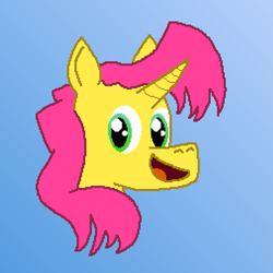 Size: 1011x1010 | Tagged: safe, artist:shrimpbucket, oc, oc only, oc:twister pop, unicorn, bust, gradient background, horn, male, ms paint, open mouth, smiling, solo