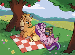 Size: 1882x1368 | Tagged: safe, artist:dragao_tecnologia, applejack, starlight glimmer, earth pony, pony, unicorn, g4, apple, apple tree, book, duo, duo female, fanart, female, flower, food, horn, lesbian, picnic blanket, scenery, ship:glimmerjack, shipping, tree