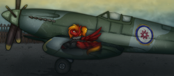 Size: 2300x1000 | Tagged: safe, artist:molars, oc, oc only, oc:risk runner, pegasus, pony, equestria at war mod, g4, complex background, hair tie, ponytail, princess celestia's cutie mark, raf, red fur, runway, sassy, solo, sun, supermarine spitfire, tongue out, unshorn fetlocks, vehicle, window