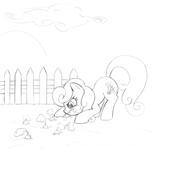 Size: 1500x1500 | Tagged: safe, artist:lillslim, carrot top, golden harvest, earth pony, pony, g4, background pony, carrot, cloud, farming, female, fence, food, mare, mouth hold, pulling, pulling out, sketch, solo