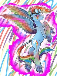 Size: 834x1112 | Tagged: safe, artist:fresasdiorarts, rainbow dash, pegasus, pony, g4, aura, blushing, ear piercing, female, flying, gauges, goggles, leonine tail, lightning eyes, looking at you, mare, piercing, signature, solo, spread wings, tail, unshorn fetlocks, wingding eyes, wings