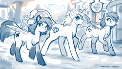 Size: 620x354 | Tagged: safe, artist:twokinds, lyra heartstrings, earth pony, pegasus, pony, unicorn, g4, blushing, crossover, female, horn, kathrin (twokinds), laura (twokinds), mare, meme, monochrome, ponified, ponyville, sitting, sitting lyra, sketch, sugarcube corner, twokinds, willow (twokinds)