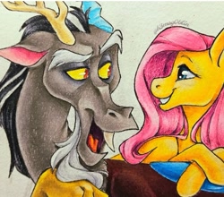 Size: 609x537 | Tagged: safe, artist:hogg_draws, artist:hoggoblin, discord, fluttershy, g4, crayon drawing, drawing, female, grin, looking at each other, looking at someone, male, paper, ship:discoshy, shipping, signature, smiling, smiling at each other, snaggletooth, straight, traditional art