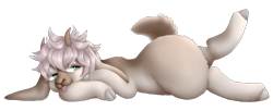 Size: 4000x1633 | Tagged: safe, artist:mosssong, oc, oc only, goat, :p, cloven hooves, femboy, fluffy, horns, lineless, long ears, lounging, lying down, male, messy mane, raised leg, short tail, simple background, small horns, solo, tail, tongue out, transparent background