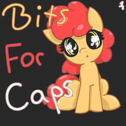 Size: 1500x1500 | Tagged: artist needed, source needed, safe, oc, oc only, oc:bit mango, comic:bits for caps, comic, comic cover, cover, cover art, dark background, female, filly, foal, gray background, simple background, solo, text, title