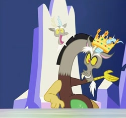 Size: 420x393 | Tagged: safe, screencap, discord, g4, my little pony: friendship is magic, what about discord?, chair, cropped, crown, discord being discord, friendship throne, jewelry, looking offscreen, offscreen character, regalia, sitting, solo