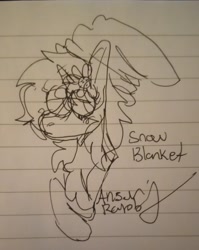 Size: 2340x2944 | Tagged: safe, artist:arsonrabbit, oc, oc only, oc:snow blanket, pony, unicorn, g4, beanie, doodle, female, flower, flower in hair, hat, horn, lined paper, looking back, looking offscreen, mare, pen drawing, pen sketch, raised hoof, signature, solo, traditional art, unicorn oc