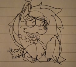 Size: 2340x2055 | Tagged: safe, artist:arsonrabbit, oc, oc only, oc:brisk pollen, pegasus, pony, g4, doodle, female, jewelry, lined paper, looking at self, looking down, looking forward, mare, necklace, pearl necklace, pegasus oc, pen drawing, pen sketch, raised hoof, signature, solo, traditional art, wings