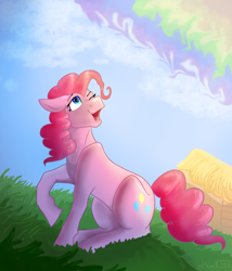 Size: 3000x3500 | Tagged: safe, artist:deadsmoke, pinkie pie, earth pony, pony, g4, grass, house, one eye closed, outdoors, rainbow, solo, sonic rainboom