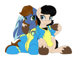 Size: 1200x960 | Tagged: safe, artist:miniferu, earth pony, pegasus, derpibooru community collaboration, bust, clothes, duo, duo male and female, female, looking at you, male, portrait, simple background, uniform, white background, wings, wonderbolt trainee uniform, wonderbolts, wonderbolts uniform