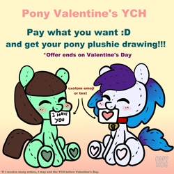 Size: 2000x2000 | Tagged: safe, artist:anykoe, oc, oc only, oc:anykoe, oc:conferencia, earth pony, blushing, commission, description is relevant, duo, earth pony oc, female, gradient background, heart, multicolored hair, plushie, sign, signature, text, ych example, your character here