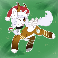 Size: 1500x1500 | Tagged: safe, artist:maravor, oc, oc:zoe, pegasus, pony, snake, christmas, commission, female, hat, holiday, horns, mare, one eye closed, santa hat, solo, tongue out, wink, ych result