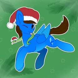 Size: 1500x1500 | Tagged: safe, artist:maravor, oc, oc:blue thunder, pegasus, pony, snake, christmas, commission, hat, holiday, male, one eye closed, santa hat, solo, stallion, tongue out, wink, ych result