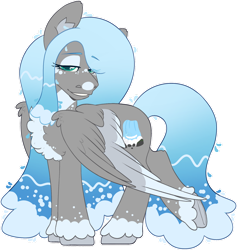 Size: 1280x1353 | Tagged: safe, artist:chrzaan, oc, oc only, oc:waterfall, pegasus, pony, body freckles, chest fluff, coat markings, colored ear fluff, colored eyebrows, commissioner:mrsw0rldw1d3, ear fluff, eye clipping through hair, eyebrows, eyebrows visible through hair, facial freckles, female, freckles, hair over one eye, mare, pale belly, partially open wings, raised hoof, simple background, socks (coat markings), solo, three toned wings, transparent background, water mane, water tail, wings