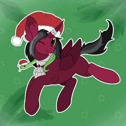 Size: 1500x1500 | Tagged: safe, artist:maravor, oc, alicorn, pony, snake, christmas, commission, female, hat, holiday, mare, one eye closed, santa hat, solo, tongue out, wink, ych result