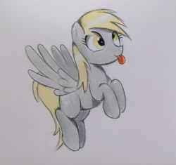 Size: 2425x2282 | Tagged: safe, anonymous artist, derpy hooves, pony, g4, :p, female, flying, mare, solo, tongue out, traditional art