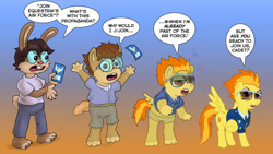 Size: 1128x638 | Tagged: safe, artist:glockens, spitfire, oc, pegasus, pony, rabbit, g4, animal, dialogue, dwars, english, furry, furry oc, gradient background, male to female, rule 63, speech bubble, transformation, transformation sequence, transgender transformation