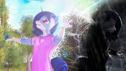 Size: 3840x2160 | Tagged: safe, artist:unie, oc, oc:crystal glaze, unicorn, anthro, clothes, conflict, dark, duality, happy, horn, light, misery, rain, shirt, sunshine