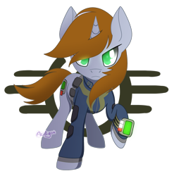 Size: 1937x1961 | Tagged: safe, artist:acidigon, oc, oc only, oc:littlepip, pony, unicorn, fallout equestria, female, horn, looking at you, mare, pipbuck, raised hoof, simple background, solo, solo female, transparent background