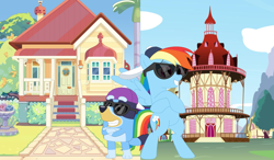 Size: 1819x1059 | Tagged: safe, artist:shieldwingarmorofgod, rainbow dash, dog, pegasus, g4, backwards ballcap, baseball cap, bipedal, bluey, bluey heeler, cap, female, hat, smiling, sunglasses, tomboy