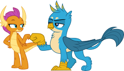 Size: 5205x3000 | Tagged: safe, artist:cloudy glow, gallus, smolder, dragon, griffon, g4, dragoness, duo, duo male and female, female, fist bump, male, simple background, transparent background, vector