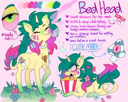 Size: 1500x1200 | Tagged: safe, artist:ayyolilikoi, oc, oc only, oc:bed head, pony, unicorn, blunt, drug use, drugs, female, flower, flower in hair, flower in tail, food, horn, jewelry, leonine tail, lying down, mare, marijuana, necklace, popcorn, prone, smoking, solo, tail