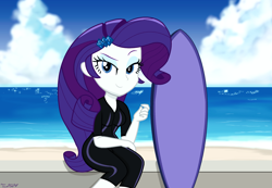 Size: 2300x1587 | Tagged: safe, artist:stephen-fisher, rarity, human, equestria girls, g4, black swimsuit, clothes, female, outdoors, solo, surfboard, swimsuit, wetsuit