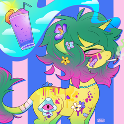 Size: 1000x1000 | Tagged: safe, artist:ayyolilikoi, oc, oc only, oc:bed head, pony, unicorn, abstract background, band-aid, bandage, blunt, drink, drug use, drugs, female, flower, flower in hair, flower in tail, horn, jewelry, leonine tail, mare, marijuana, necklace, smoking, smoothie, solo, tail