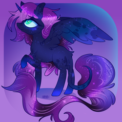 Size: 1000x1000 | Tagged: safe, artist:ayyolilikoi, oc, oc only, oc:nyx, alicorn, pony, abstract background, alicorn oc, chest fluff, female, horn, leonine tail, mare, solo, spread wings, tail, wings