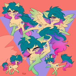 Size: 1000x1000 | Tagged: safe, artist:ayyolilikoi, oc, oc only, oc:bed head, earth pony, pegasus, pony, unicorn, abstract background, blunt, chest fluff, drug use, drugs, hair over eyes, horizontal pupils, horn, leonine tail, lying down, marijuana, prone, self paradox, self ponidox, smoking, solo, tail, wings