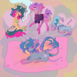 Size: 1000x1000 | Tagged: safe, artist:ayyolilikoi, oc, oc only, oc:bed head, oc:cozy thyme, oc:rem sleep, oc:slumber sleepwalker, pony, unicorn, blunt, clothes, drug use, drugs, duo, eyebrows, eyebrows visible through hair, female, horn, jewelry, leonine tail, lying down, mare, marijuana, necklace, onomatopoeia, prone, sitting, sleeping, sound effects, sweater, tail, zzz