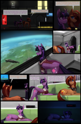 Size: 952x1456 | Tagged: safe, artist:alientsdev, sunset shimmer, twilight sparkle, alicorn, pony, unicorn, comic:alien: twilight signing off, g4, comic, couch, dialogue, duo, equus, female, goggles, horn, mare, space station, spaceship, speech bubble, twilight sparkle (alicorn)