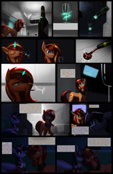 Size: 952x1456 | Tagged: safe, artist:alientsdev, sunset shimmer, twilight sparkle, alicorn, pony, unicorn, comic:alien: twilight signing off, g4, alcohol, bottle, clothes, comic, dialogue, drink, drinking, duo, female, glass, goggles, horn, jacket, lesbian, magic, mare, ship:sunsetsparkle, shipping, space station, telekinesis, twilight sparkle (alicorn), wine, wine bottle, wine glass