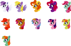 Size: 1280x836 | Tagged: safe, artist:shadowbluebrownine, bumblesweet, cherry spices, fizzypop, lily blossom, lucky swirl, pepperdance, sugar grape, sweetcream scoops, sweetie blue, sweetie swirl, earth pony, pegasus, unicorn, g4, bust, horn, portrait, simple background, transparent background