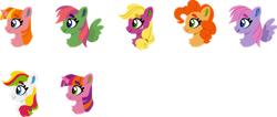 Size: 1280x541 | Tagged: safe, artist:shadowbluebrownine, banana bliss, beachberry (g4), berry green, cherry pie, coconut cream, peachy pie, sweetsong (g4), earth pony, pegasus, unicorn, g4, bust, horn, portrait, simple background, transparent background