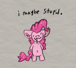 Size: 1005x890 | Tagged: safe, artist:reddthebat, pinkie pie, earth pony, pony, g4, belly, belly button, bipedal, dot eyes, ear fluff, female, floppy ears, i may be stupid, looking at you, mare, meme, solo, sprinkles in mane