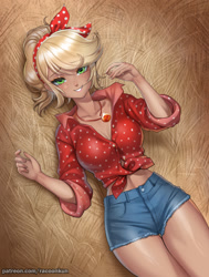 Size: 905x1200 | Tagged: safe, artist:racoonsan, applejack, human, g4, adorasexy, alternate hairstyle, bandana, bedroom eyes, breasts, busty applejack, cleavage, clothes, cute, daisy dukes, female, flannel, front knot midriff, hay, humanized, jackabetes, jewelry, midriff, necklace, sexy, shirt, shorts, solo, straw in mouth