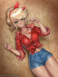 Size: 905x1200 | Tagged: safe, artist:racoonsan, applejack, human, g4, adorasexy, alternate hairstyle, bandana, bedroom eyes, breasts, busty applejack, cleavage, clothes, cute, daisy dukes, female, flannel, front knot midriff, hay, humanized, jackabetes, jewelry, midriff, necklace, sexy, shirt, shorts, solo, straw in mouth