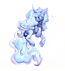 Size: 1894x2076 | Tagged: safe, artist:anazeml, princess luna, alicorn, pony, g4, concave belly, female, lidded eyes, mare, simple background, slender, smiling, solo, thin, traditional art, watercolor painting, white background