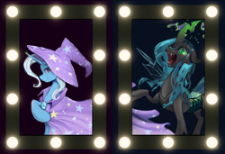 Size: 2587x1770 | Tagged: safe, artist:anazeml, artist:laymy, queen chrysalis, trixie, changeling, pony, unicorn, collaboration:meet the best showpony, g4, collaboration, disguise, disguised changeling, female, horn, looking at you, mare