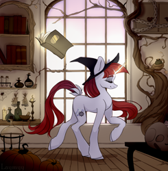 Size: 5157x5265 | Tagged: safe, artist:anazeml, artist:laymy, oc, oc only, pony, unicorn, book, bookshelf, bottle, candle, female, hat, horn, solo, test tube, tree, window, witch hat