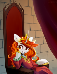 Size: 2796x3612 | Tagged: safe, artist:anazeml, artist:laymy, oc, oc only, pony, unicorn, clothes, crown, dress, horn, jewelry, regalia, solo, throne