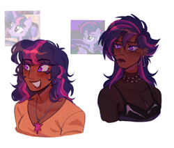 Size: 2960x2517 | Tagged: safe, artist:starsbursts, twilight sparkle, alicorn, human, pony, g4, alternate hairstyle, bow, clothes, cute, dark skin, ear piercing, earring, eyeshadow, grin, humanized, jewelry, lip piercing, lipstick, makeup, messy hair, messy mane, necklace, nylon, piercing, punk, punklight sparkle, screencap reference, shirt, simple background, smiling, snake bites, solo, tail, tail bow, twiabetes, twilight sparkle (alicorn), white background