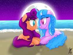 Size: 2160x1620 | Tagged: safe, artist:jesslmc16, izzy moonbow, sunny starscout, earth pony, pony, unicorn, g5, magic mirror (episode), my little pony: tell your tale, spoiler:g5, spoiler:my little pony: tell your tale, spoiler:tyts02e32, alternate hairstyle, beach, duo, duo female, female, heart, horn, lesbian, lidded eyes, looking at each other, looking at someone, mane stripe sunny, mare, moon, night, ship:moonscout, shipping, signature, sitting, smiling, smiling at each other, starry night, stars