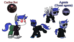 Size: 1920x1098 | Tagged: safe, artist:xxduncandonutxx, oc, oc only, earth pony, pegasus, pony, robot, robot pony, unicorn, agent, clothes, horn, ponified, roblox, roboticization, suit, sunglasses