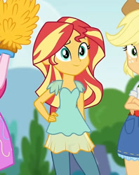 Size: 682x860 | Tagged: safe, screencap, applejack, pinkie pie, sunset shimmer, human, equestria girls, equestria girls specials, g4, my little pony equestria girls: dance magic, clothes, cropped, hand on hip, leggings, offscreen character, pants, pom pom, shirt, skirt, sky, solo focus, tree, trio