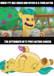 Size: 609x859 | Tagged: safe, hitch trailblazer, g5, lost in translation (episode), my little pony: tell your tale, actor, chip and dale rescue rangers, comfort eating, crying, donut, eating, fat, food, hitch trailblubber, meme, sad