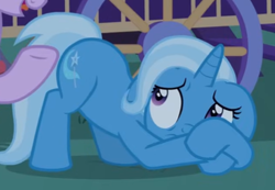 Size: 394x273 | Tagged: safe, screencap, trixie, pony, unicorn, g4, my little pony: friendship is magic, to where and back again, cowering, cropped, floppy ears, horn, looking at someone, scared, solo